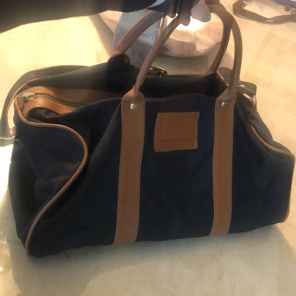 Travel duffel bag, black microfiber, camel trim, 18" long 10 high